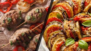 Brochettes de kefta et tian de légumes