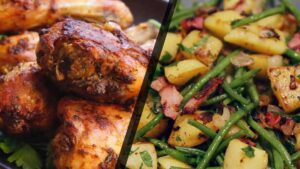 Pilon de poulet, haricots verts et pommes de terre rôties