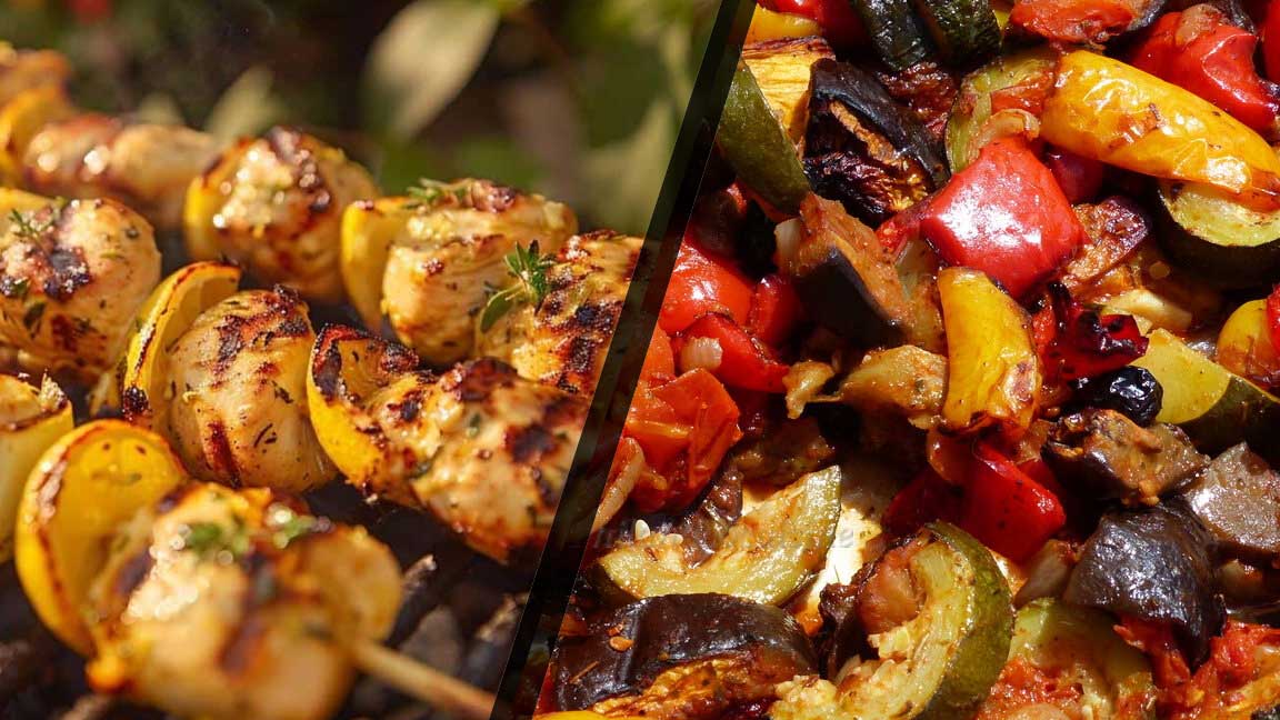 Brochettes de poulet mariné, légumes du soleil et semoule