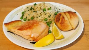 Saumon et riz safrané et petits pois